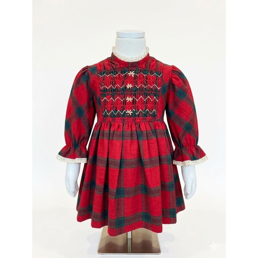 Vintage Polly Flinders T4 Red Plaid Hand Smocked Dress Lace Trim